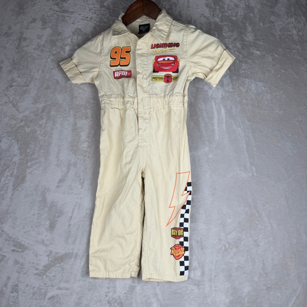 Disney Pixar Cars Lightning McQueen Racing Coverall Jumpsuit Cream 3T